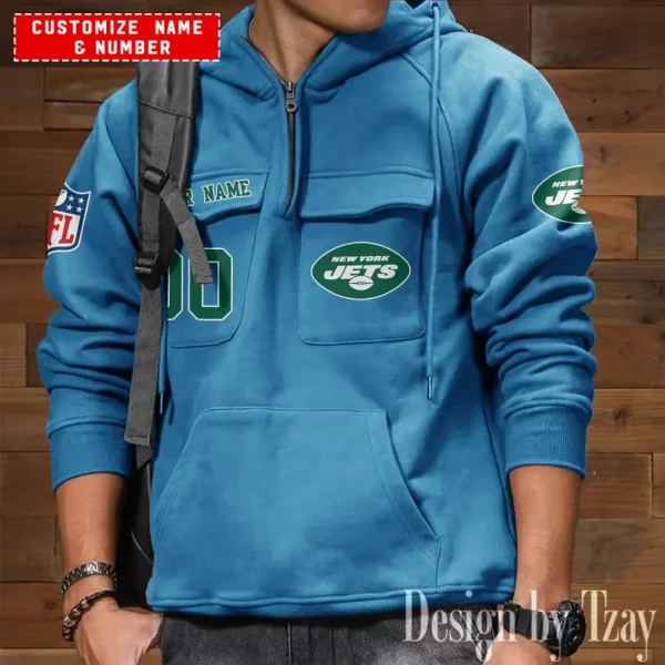 New York Jets NFL Multi Pocket Zipper Retro Hoodie AZVMHD722 - Image 5