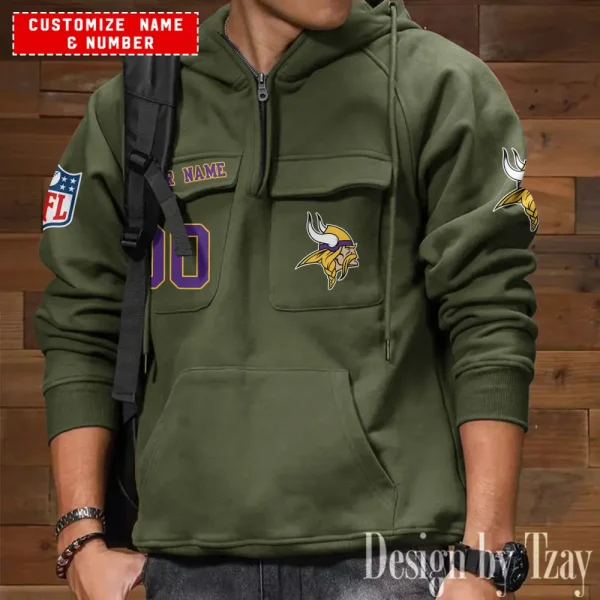 Minnesota Vikings NFL Multi Pocket Zipper Retro Hoodie AZVMHD726 - Image 3