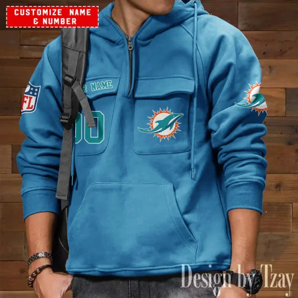 Miami Dolphins NFL Multi Pocket Zipper Retro Hoodie AZVMHD727