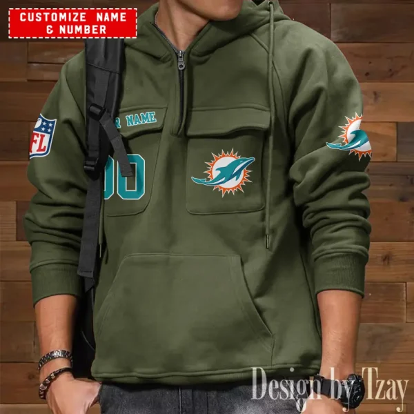 Miami Dolphins NFL Multi Pocket Zipper Retro Hoodie AZVMHD727 - Image 2