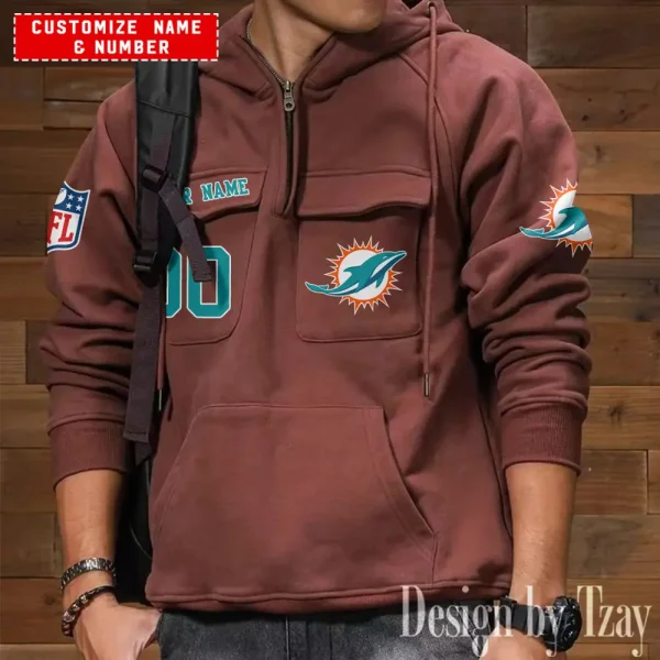 Miami Dolphins NFL Multi Pocket Zipper Retro Hoodie AZVMHD727 - Image 5