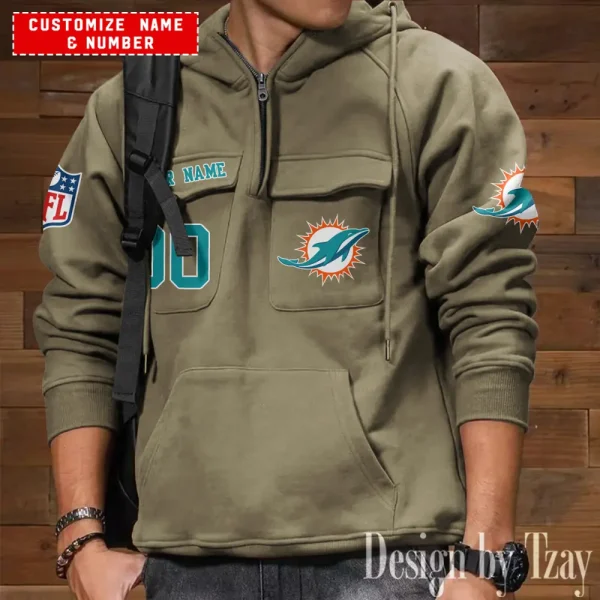 Miami Dolphins NFL Multi Pocket Zipper Retro Hoodie AZVMHD727 - Image 7