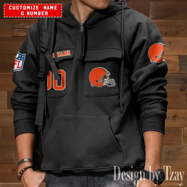 Cleveland Browns NFL Multi Pocket Zipper Retro Hoodie AZVMHD728 - Image 2