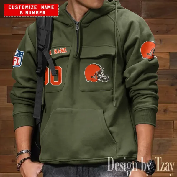 Cleveland Browns NFL Multi Pocket Zipper Retro Hoodie AZVMHD728 - Image 4