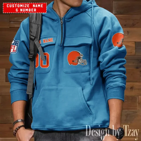 Cleveland Browns NFL Multi Pocket Zipper Retro Hoodie AZVMHD728 - Image 5