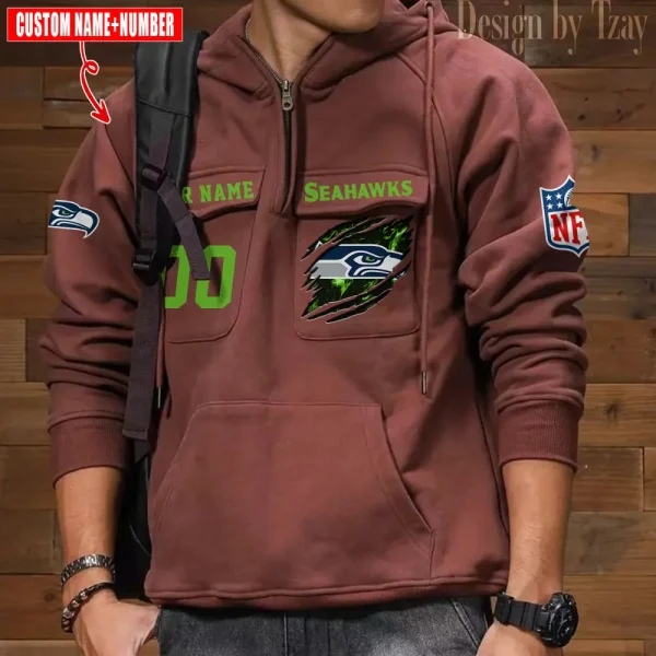 Seattle Seahawks NFL Multi Pocket Zipper Retro Hoodie AZVMHD739