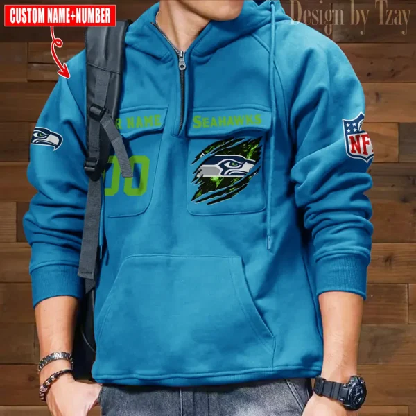 Seattle Seahawks NFL Multi Pocket Zipper Retro Hoodie AZVMHD739 - Image 2