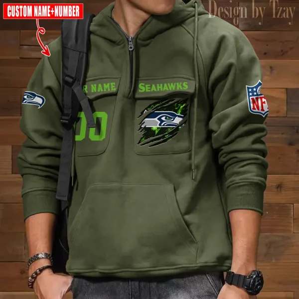 Seattle Seahawks NFL Multi Pocket Zipper Retro Hoodie AZVMHD739 - Image 3