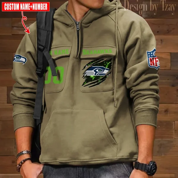 Seattle Seahawks NFL Multi Pocket Zipper Retro Hoodie AZVMHD739 - Image 4