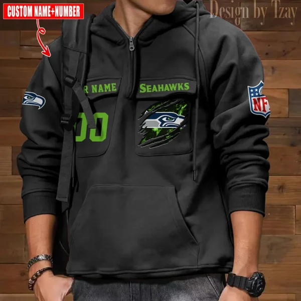 Seattle Seahawks NFL Multi Pocket Zipper Retro Hoodie AZVMHD739 - Image 5