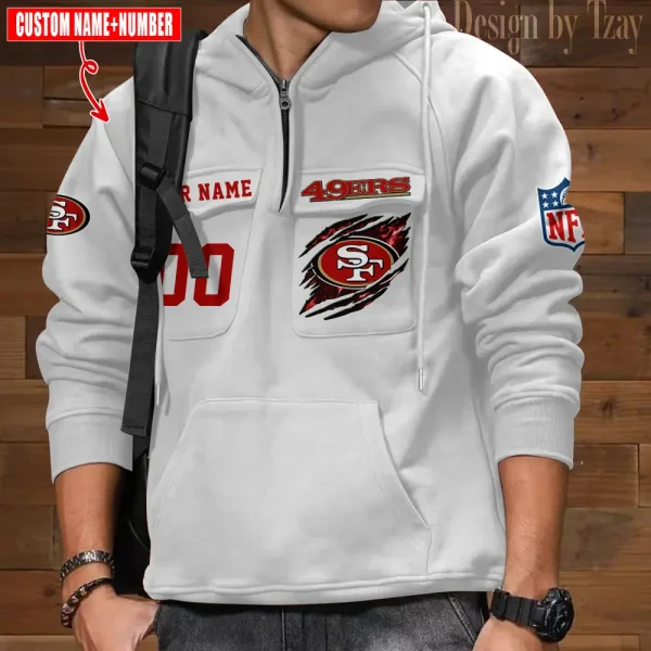 San Francisco 49ers NFL Multi Pocket Zipper Retro Hoodie AZVMHD740 - Image 4