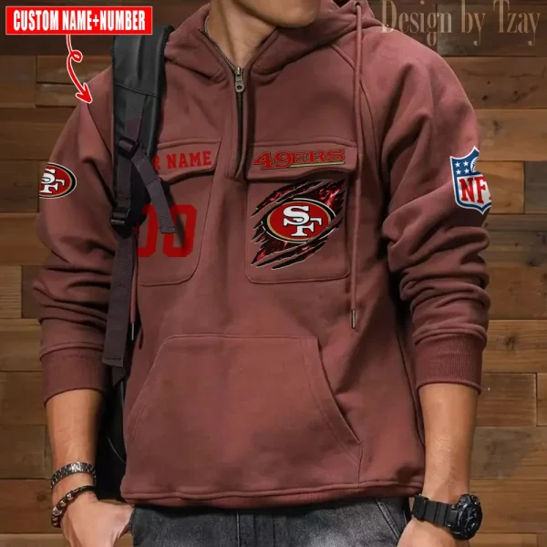 San Francisco 49ers NFL Multi Pocket Zipper Retro Hoodie AZVMHD740 - Image 5