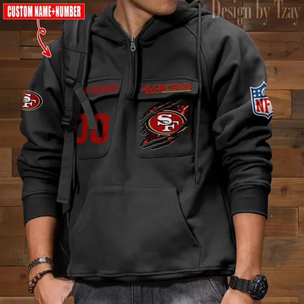 San Francisco 49ers NFL Multi Pocket Zipper Retro Hoodie AZVMHD740 - Image 6