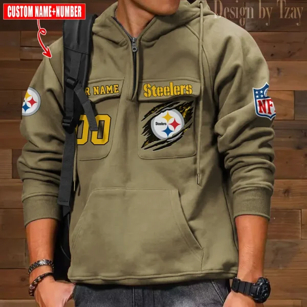 Pittsburgh Steelers NFL Multi Pocket Zipper Retro Hoodie AZVMHD741