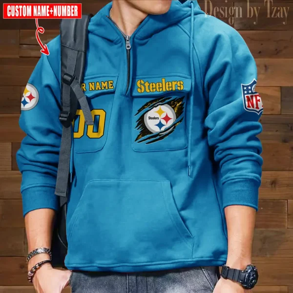 Pittsburgh Steelers NFL Multi Pocket Zipper Retro Hoodie AZVMHD741 - Image 2