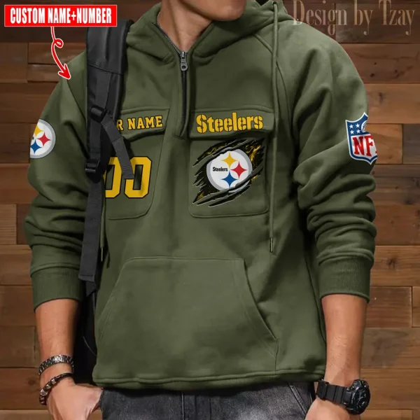 Pittsburgh Steelers NFL Multi Pocket Zipper Retro Hoodie AZVMHD741 - Image 4