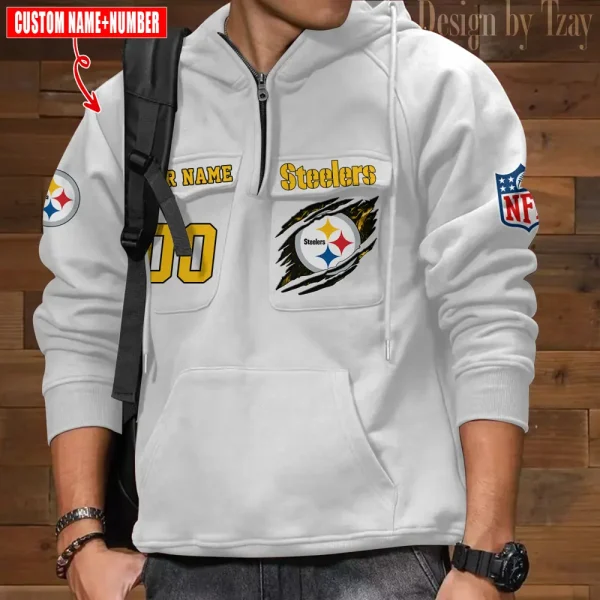 Pittsburgh Steelers NFL Multi Pocket Zipper Retro Hoodie AZVMHD741 - Image 5