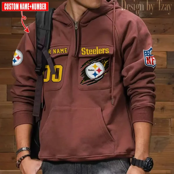 Pittsburgh Steelers NFL Multi Pocket Zipper Retro Hoodie AZVMHD741 - Image 6