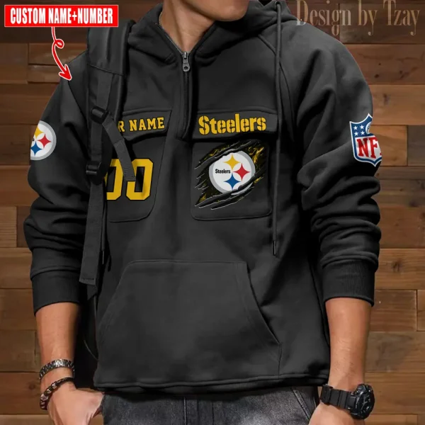 Pittsburgh Steelers NFL Multi Pocket Zipper Retro Hoodie AZVMHD741 - Image 7