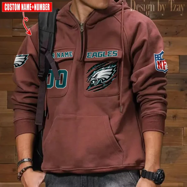 Philadelphia Eagles NFL Multi Pocket Zipper Retro Hoodie AZVMHD742