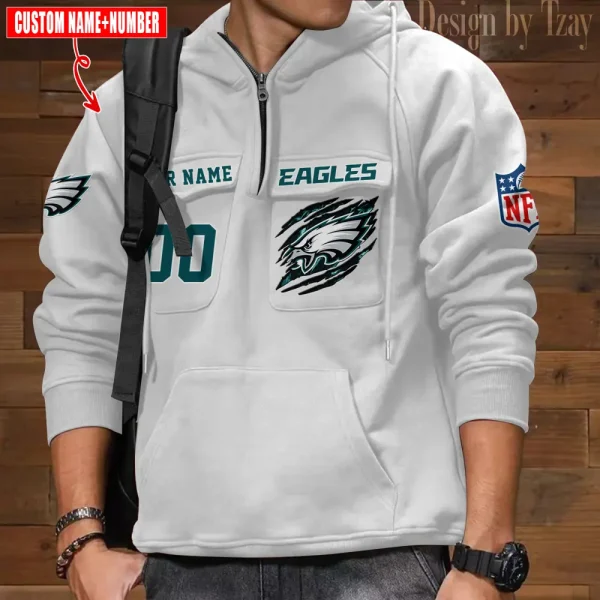 Philadelphia Eagles NFL Multi Pocket Zipper Retro Hoodie AZVMHD742 - Image 2