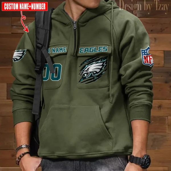 Philadelphia Eagles NFL Multi Pocket Zipper Retro Hoodie AZVMHD742 - Image 3