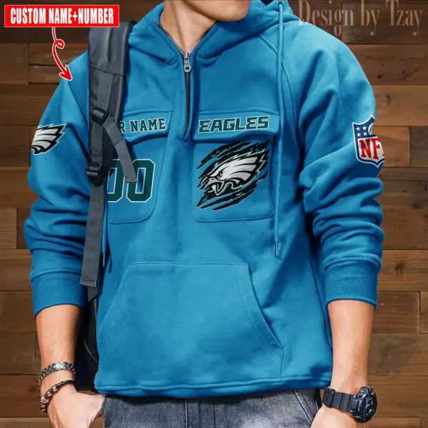 Philadelphia Eagles NFL Multi Pocket Zipper Retro Hoodie AZVMHD742 - Image 4