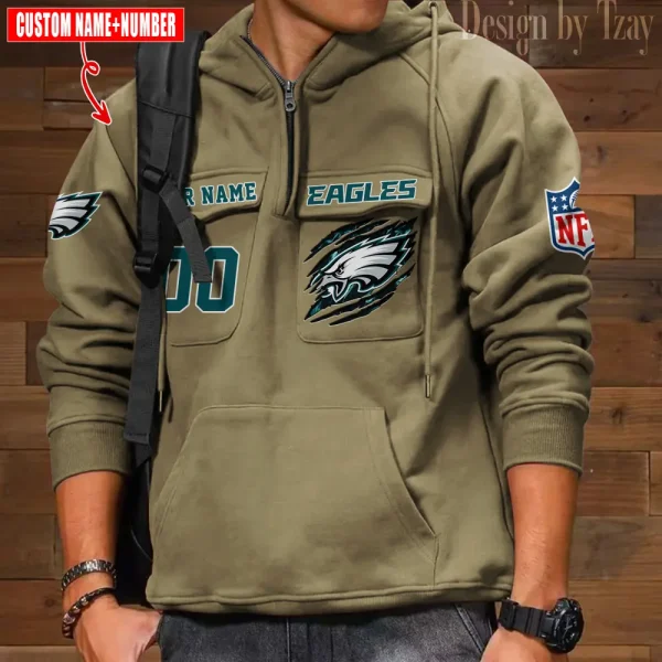 Philadelphia Eagles NFL Multi Pocket Zipper Retro Hoodie AZVMHD742 - Image 5