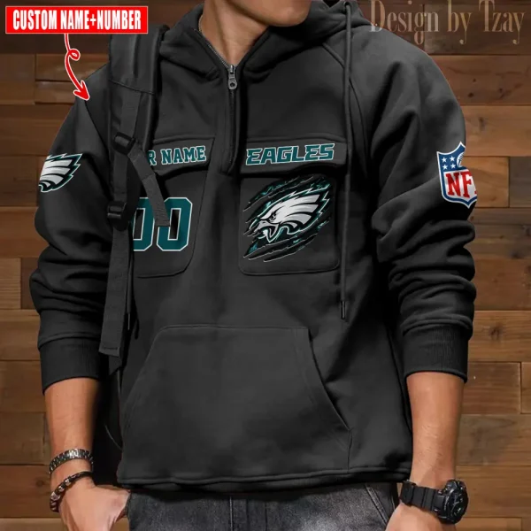 Philadelphia Eagles NFL Multi Pocket Zipper Retro Hoodie AZVMHD742 - Image 6