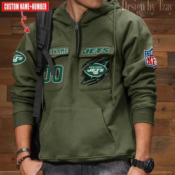 New York Jets NFL Multi Pocket Zipper Retro Hoodie AZVMHD743 - Image 3