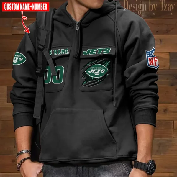 New York Jets NFL Multi Pocket Zipper Retro Hoodie AZVMHD743 - Image 6