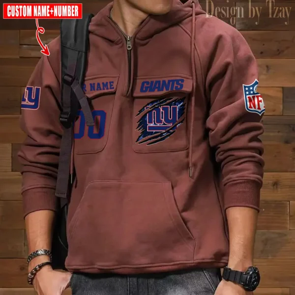 New York Giants NFL Multi Pocket Zipper Retro Hoodie AZVMHD744 - Image 5