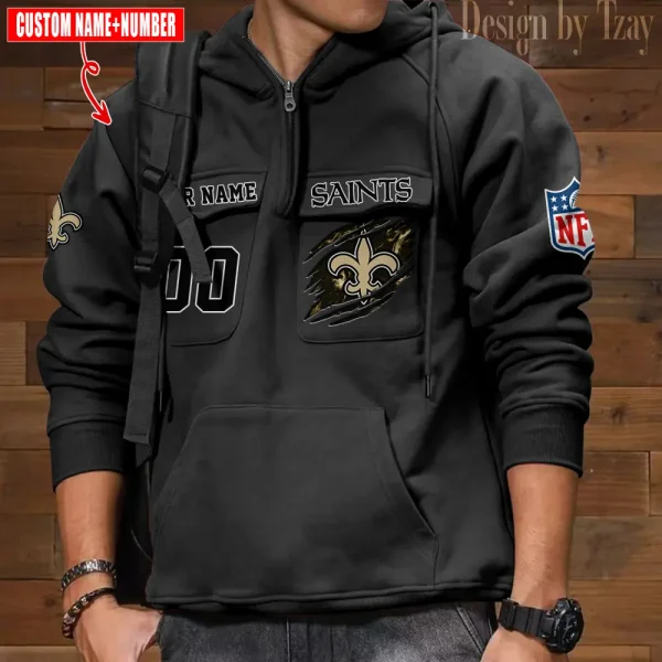 New Orleans Saints NFL Multi Pocket Zipper Retro Hoodie AZVMHD745 - Image 7