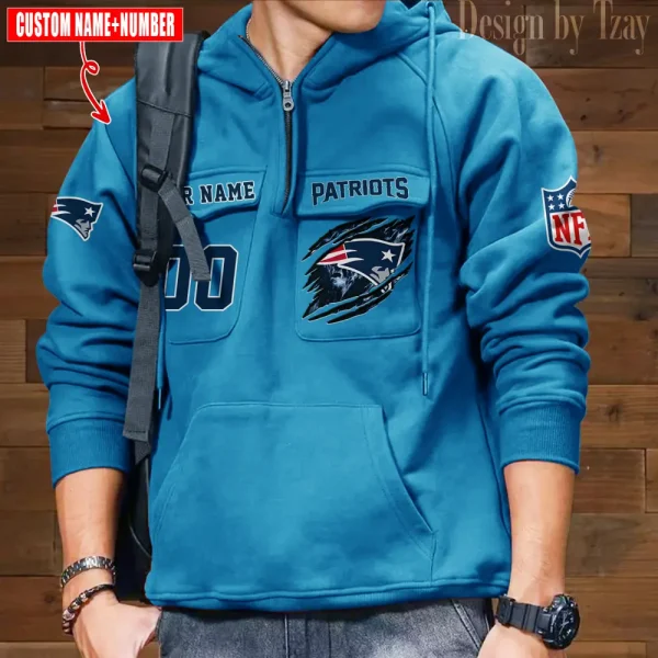 New England Patriots NFL Multi Pocket Zipper Retro Hoodie AZVMHD746 - Image 3