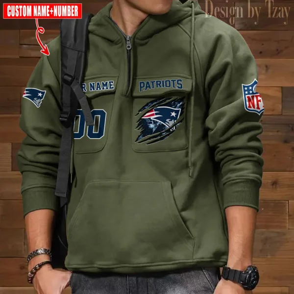 New England Patriots NFL Multi Pocket Zipper Retro Hoodie AZVMHD746 - Image 4