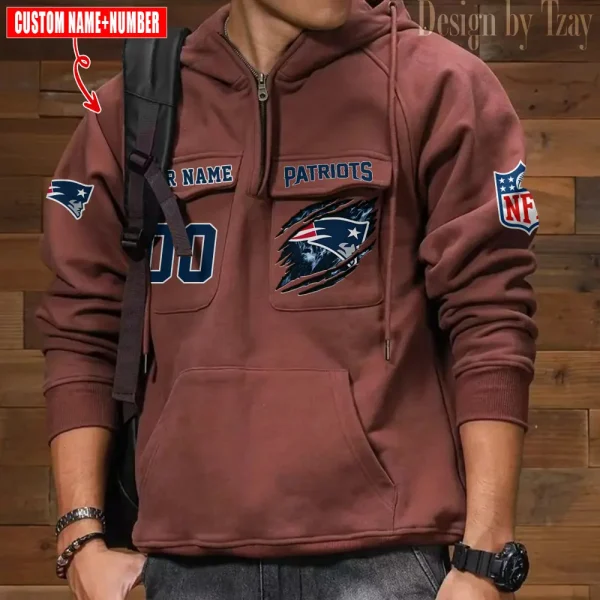 New England Patriots NFL Multi Pocket Zipper Retro Hoodie AZVMHD746 - Image 5