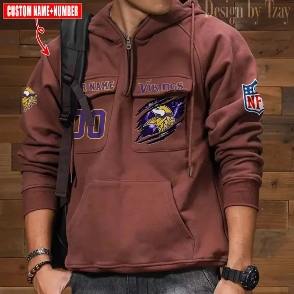 Minnesota Vikings NFL Multi Pocket Zipper Retro Hoodie AZVMHD747