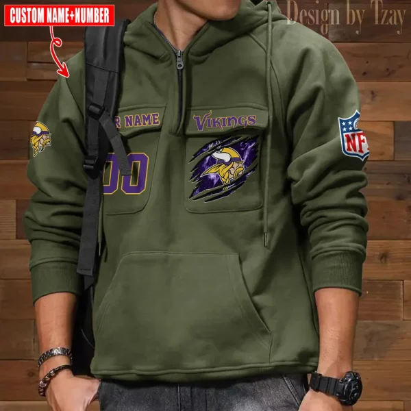 Minnesota Vikings NFL Multi Pocket Zipper Retro Hoodie AZVMHD747 - Image 4