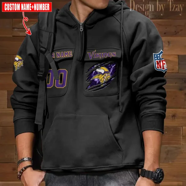 Minnesota Vikings NFL Multi Pocket Zipper Retro Hoodie AZVMHD747 - Image 7