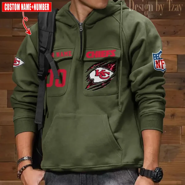 Kansas City Chiefs NFL Multi Pocket Zipper Retro Hoodie AZVMHD752 - Image 4