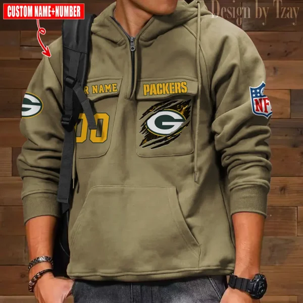 Green Bay Packers NFL Multi Pocket Zipper Retro Hoodie AZVMHD756