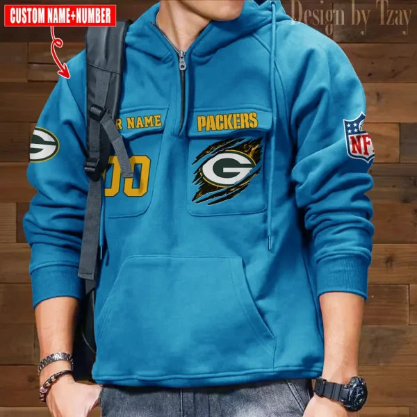 Green Bay Packers NFL Multi Pocket Zipper Retro Hoodie AZVMHD756 - Image 3