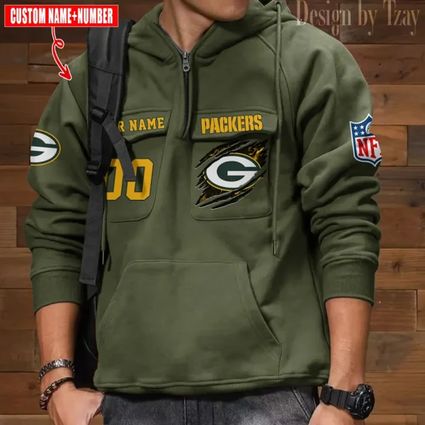 Green Bay Packers NFL Multi Pocket Zipper Retro Hoodie AZVMHD756 - Image 4