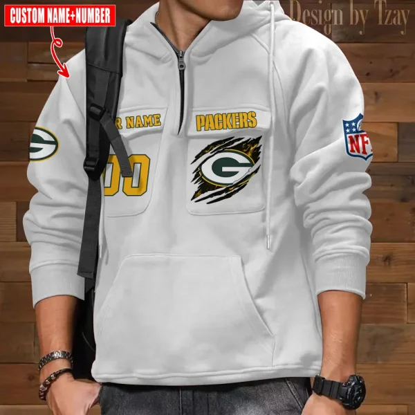 Green Bay Packers NFL Multi Pocket Zipper Retro Hoodie AZVMHD756 - Image 5