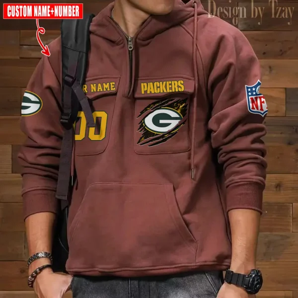 Green Bay Packers NFL Multi Pocket Zipper Retro Hoodie AZVMHD756 - Image 6