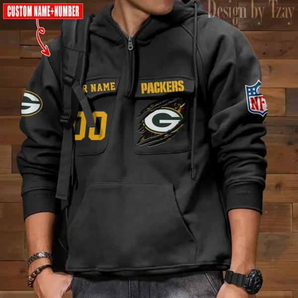 Green Bay Packers NFL Multi Pocket Zipper Retro Hoodie AZVMHD756 - Image 7