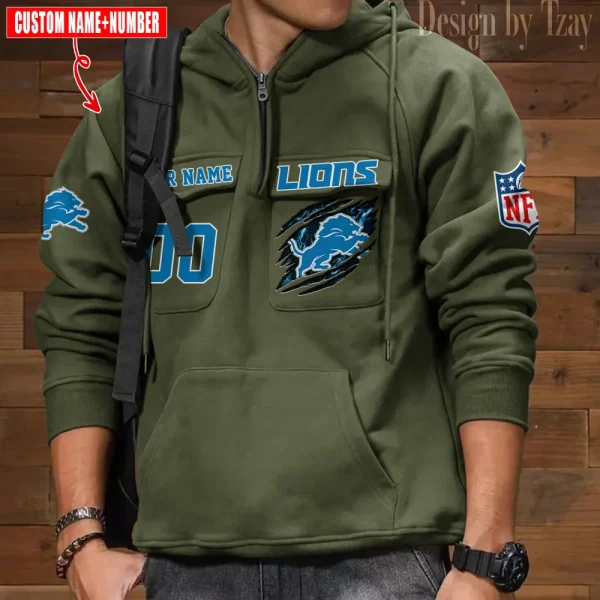 Detroit Lions NFL Multi Pocket Zipper Retro Hoodie AZVMHD757 - Image 3