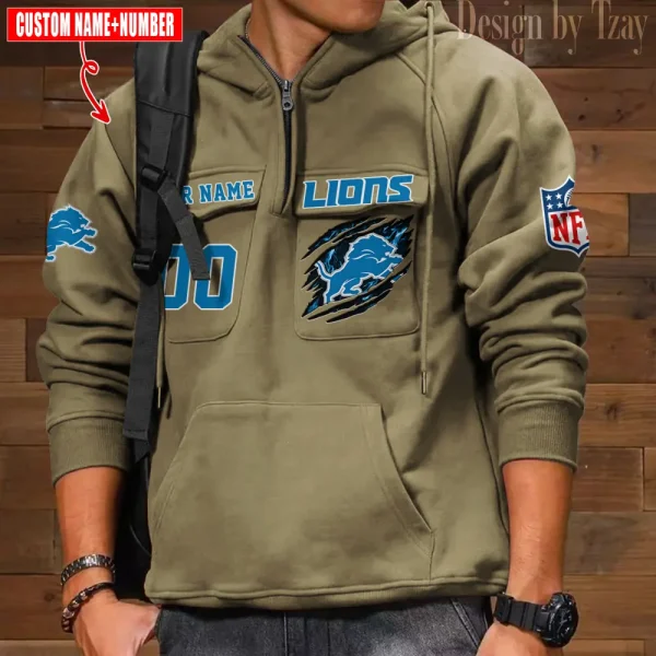 Detroit Lions NFL Multi Pocket Zipper Retro Hoodie AZVMHD757 - Image 4