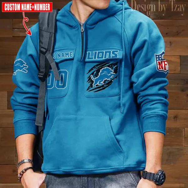 Detroit Lions NFL Multi Pocket Zipper Retro Hoodie AZVMHD757 - Image 5