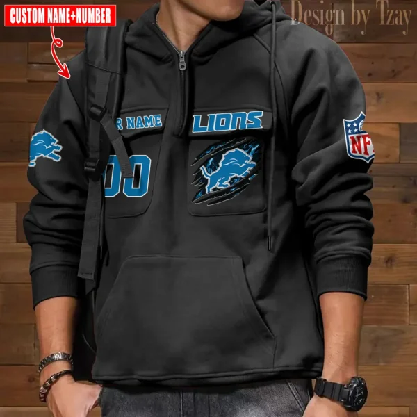 Detroit Lions NFL Multi Pocket Zipper Retro Hoodie AZVMHD757 - Image 6